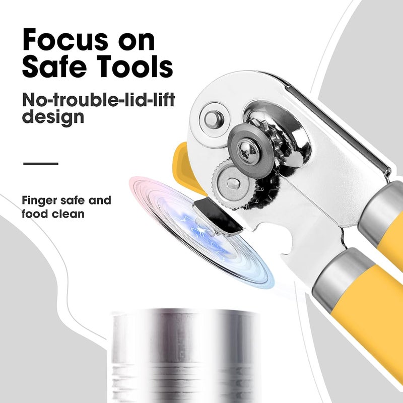 Beneno Heavy Duty Hand Can Opener Manual with Magnet, Durable Sharp Carbon Steel Blade Smooth Cutting, Big Effort-Saving Knob, Soft Grip Handle, Multifunctional Kitchen Tool with Bottle Opener, Yellow - Image 5
